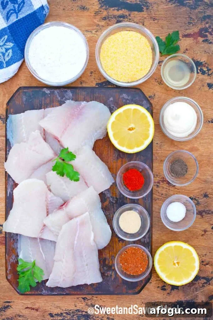 Overhead shot of raw fish fillets and seasoning in bowls on a table.
