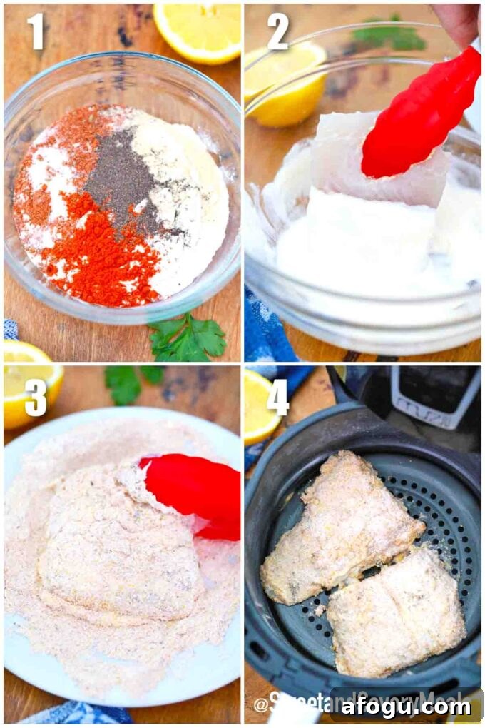 Photo collage of steps how to make steps how to make air fryer crispy fish.