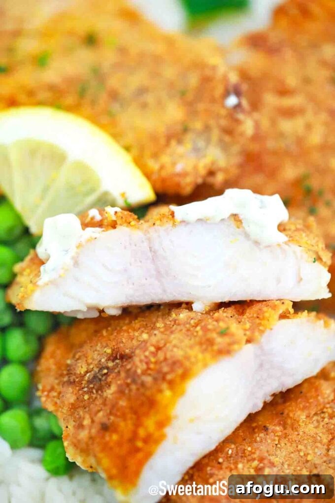 Sliced crunchy air fryer fish filets.