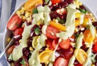 Vegan Corn Black Bean & Tomato Salad with Avocado-Lime Dressing