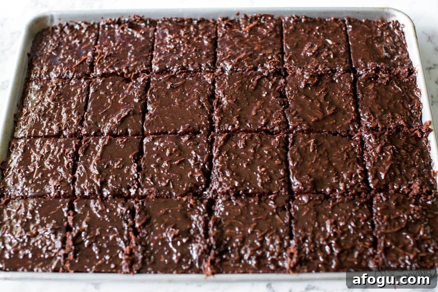 chocolate sheet cake in a pan that is sliced into squares 