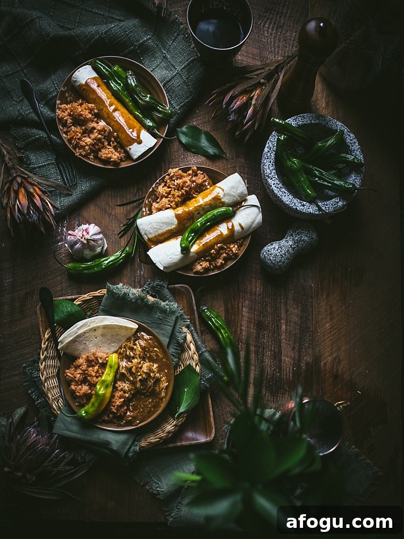 flatlay of tortillas and mexican rice and mole sauce