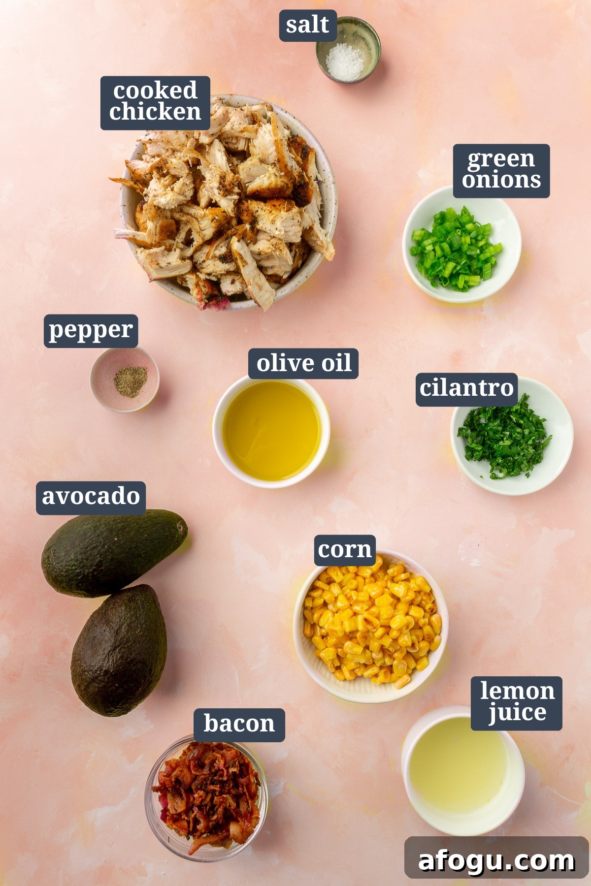 Ingredients for the avocado chicken salad including salt, cooked chicken, green onions, cilantro, olive oil, pepper, avocado, corn, lemon juice and bacon all in individual bowls on a countertop.