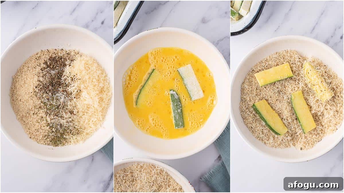 Breading process for breaded zucchini fries.