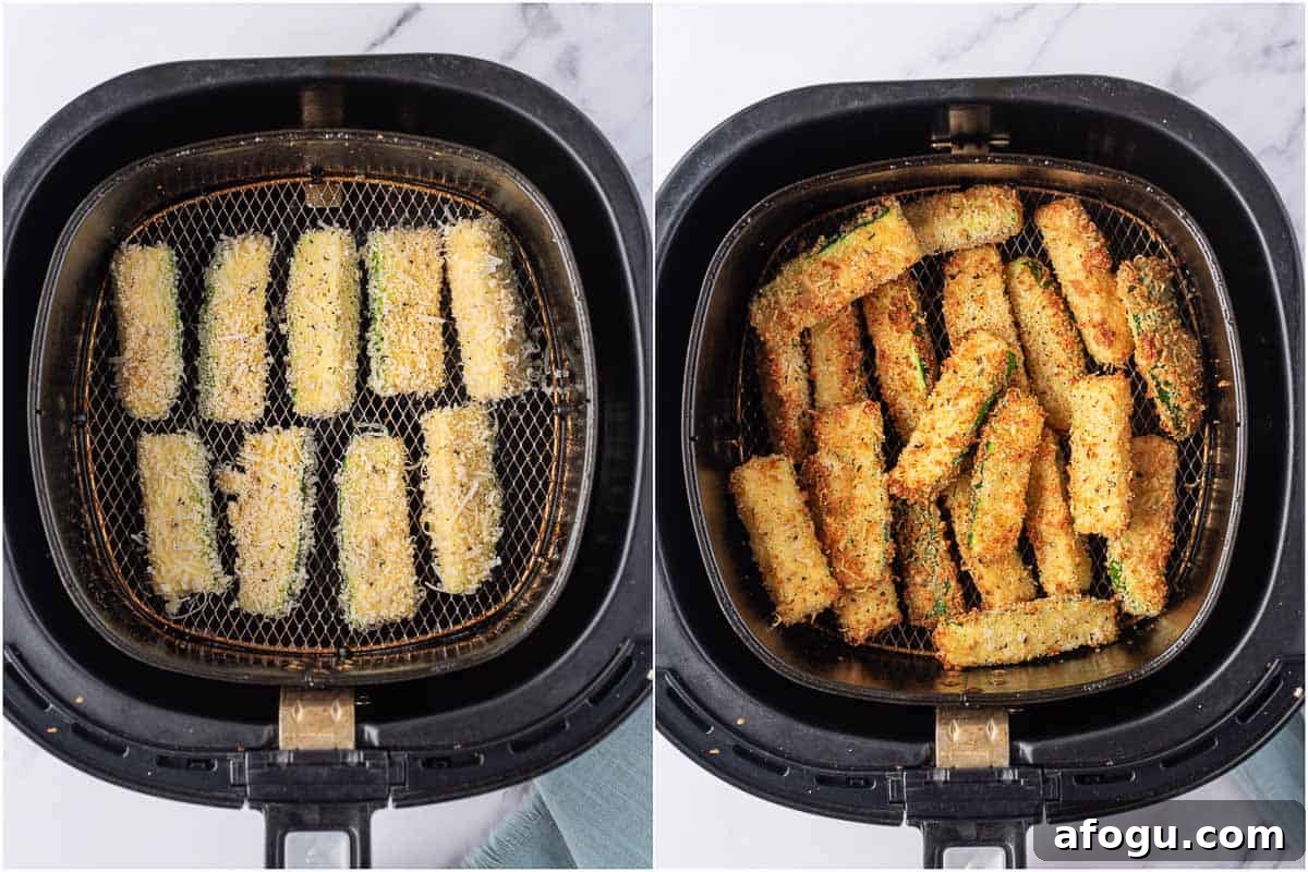 Before and after of zucchini sticks in air fryer.