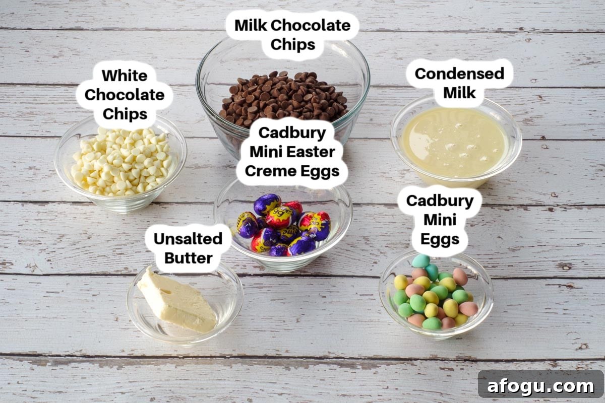 Easter Creme Egg Fudge Ingredients in glass bowls, labelled.