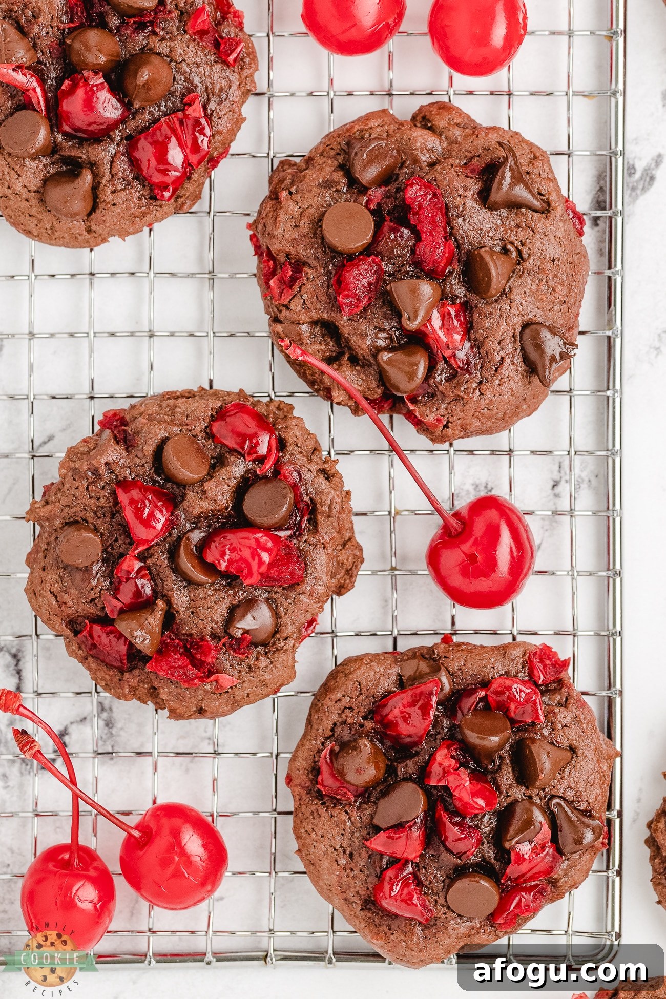 chocolate cherry cookies on a cooling rack