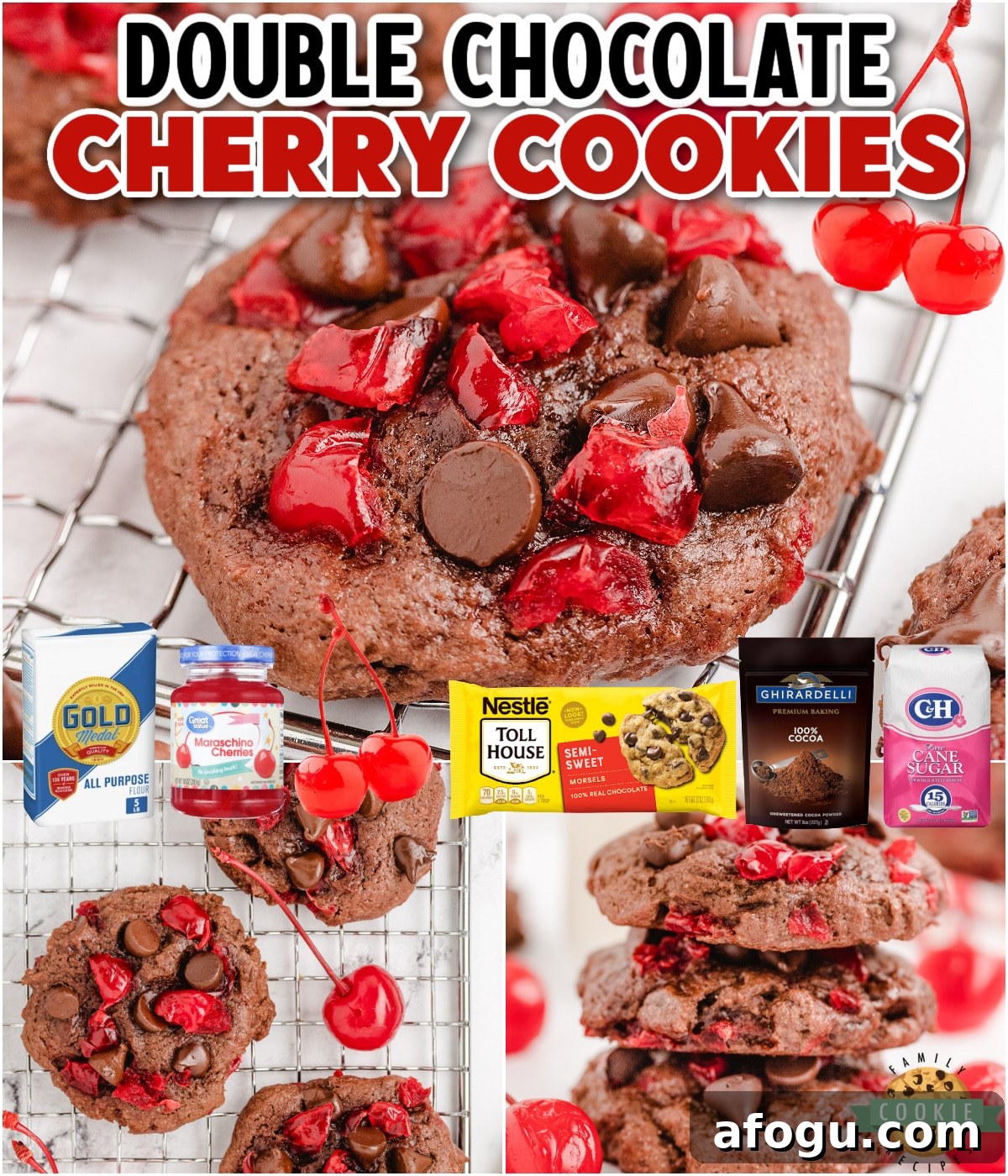Chocolate Cherry Cookies are Black Forest Cake in cookie form! Soft & chewy chocolate cookies with chocolate chips & cherry bits!