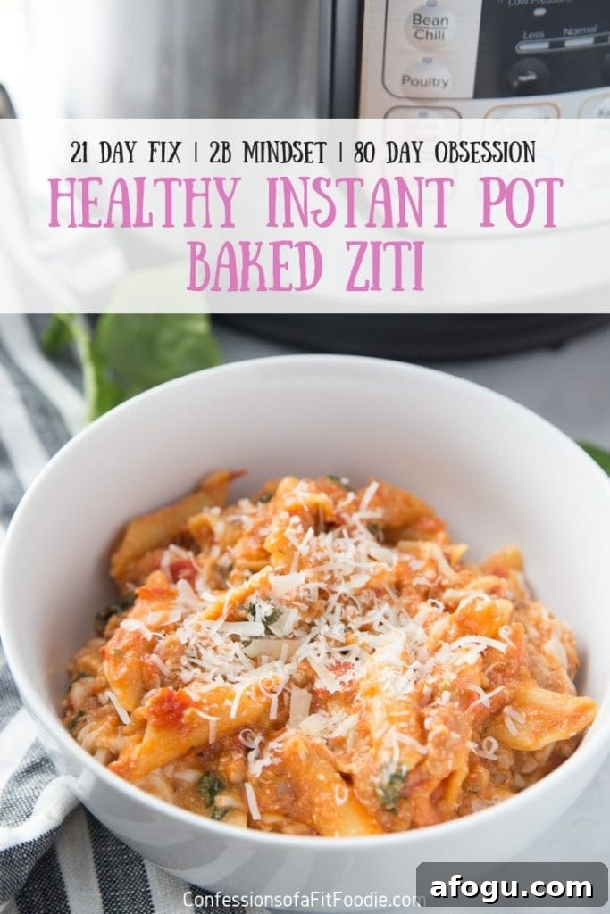 Save time and make this Healthy Instant Pot Baked Ziti for the 21 Day Fix whenever you are craving a bowl of warm and cheesy comfort food!  Packed with protein and veggies, this Healthy Baked Ziti is gluten-free with a dairy free option, as well!  21 Day Fix Baked Ziti | Healthy Baked Ziti | Instant Pot Baked Ziti | Instant Pot Recipes | Healthy Instant Pot | 21 Day Fix Instant Pot Recipes #confessionsofafitfoodie #21dayfixrecipes #instantpotrecipes #healthyinstantpot